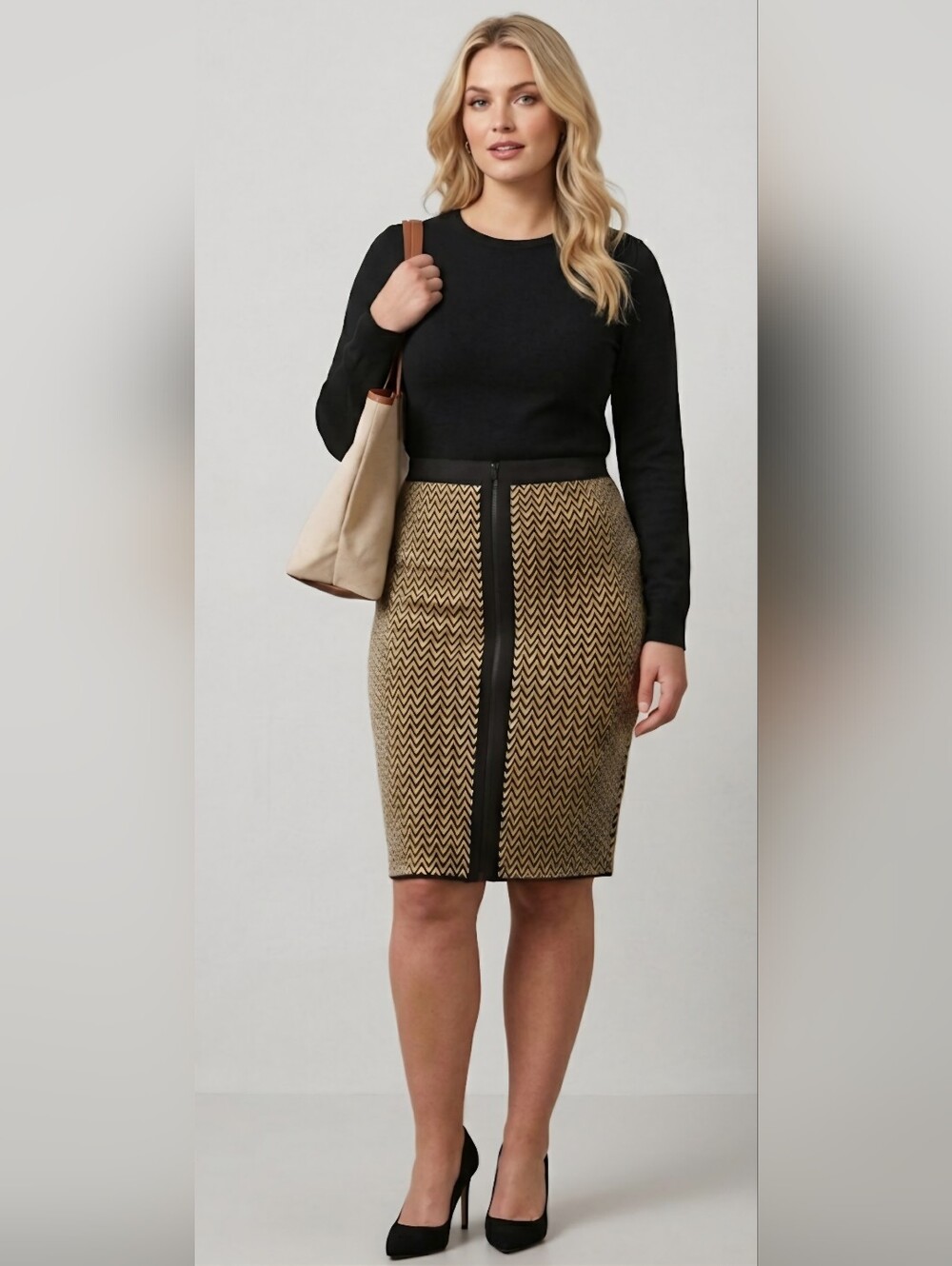 Jules & Leopold Herringbone Knit Pencil Skirt / Sz M/L / Black,mustard,beige